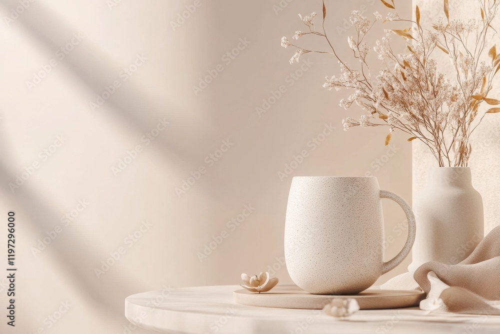 Poster A simple product visualization of a ceramic coffee mug with soft reflections and clean matte textures, rendered against a neutral background
