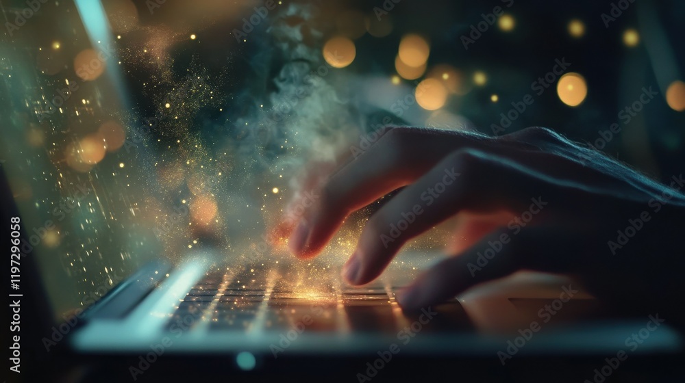 Poster close up of male hands using laptop at desktop with abstract digital cloud on blurry background. clo
