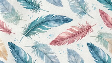 A delicate watercolor feather motif is repeated throughout the composition to create a sense of continuity and flow, stylized artwork, abstract patterns