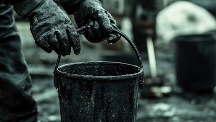 Two gloved hands grip a dirty black bucket filled with a thick substance while working in an industrial location. Surrounding equipment hints at a labor-intensive task