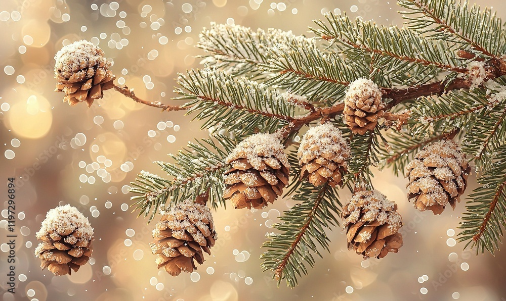 Poster snow-dusted pine branch with cones on a festive bokeh background