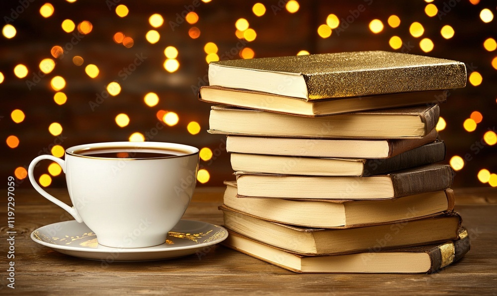 Aufkleber stack of books and teacup on wooden table with bokeh background for cozy reading