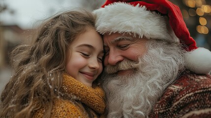 Santa Claus embracing a young girl joyfully during an outdoor holiday celebration
