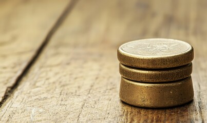 Stacked brass weights on rustic wooden table, ideal for historical or measurement concepts