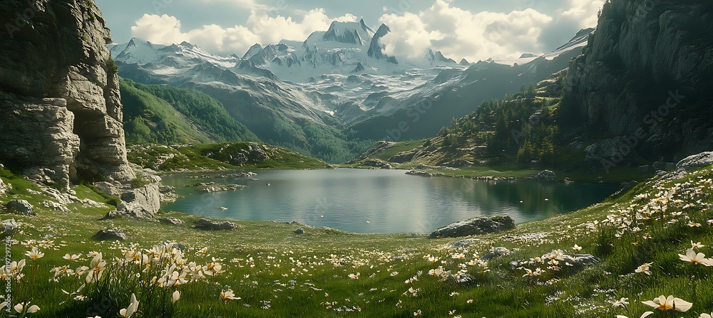 Poster a mountain range gradually transforming into the calm surface of a lake, blending the earth and wate