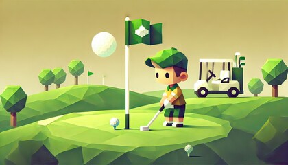 The image captures a serene golf course at sunrise, with dew-covered grass and a lone golfer preparing for a perfect shot.