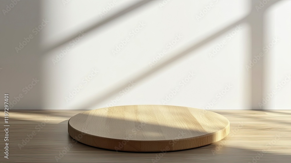 Poster 3d rendering of a wooden podium on a white background with a soft shadow and light for displaying a 