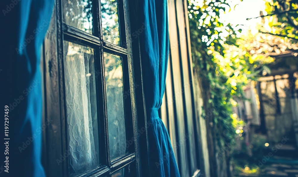Poster sunlight through window with blue curtains in a garden setting