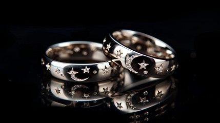 Starry sky-themed silver couple rings, simple style with moon and star patterns on the ring band, diamonds embellished