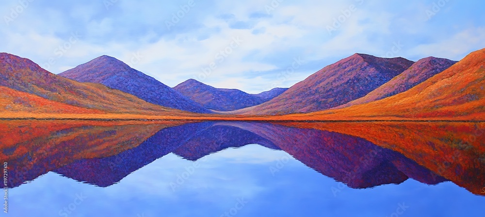 Poster a mountain range gradually transforming into the calm surface of a lake, blending the earth and wate