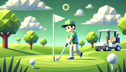 Fototapeta premium The image captures a serene golf course at sunrise, with dew-covered grass and a lone golfer preparing for a perfect shot.