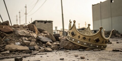 A fallen shattered crown lies amidst a pile of rubble and debris, wreckage, rubble