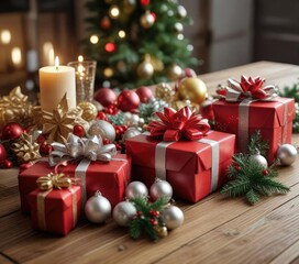 A festive arrangement of Christmas ornaments and presents on a wooden table, snowflakes, holiday decor