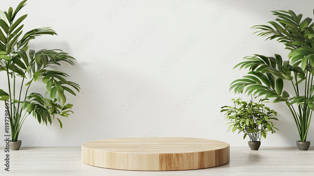 Poster 3d rendering of a wooden podium on a white background with a soft shadow and light for displaying a 
