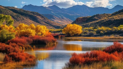 Fototapeta premium Autumn Serenity: Colorful Desert Shrubs Framing the Salt River Against Arizona's Majestic Mountains