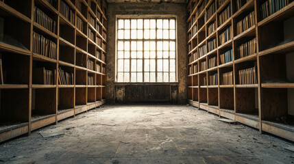 Dusty Old Library in Abandoned Mansion with Tall Windows and Wooden Shelves