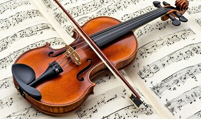 Naklejka premium Violin and bow on sheet music, classical music concept