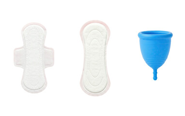Menstrual cup and sanitary pads isolated on transparent background, feminine hygiene and period care products comparison