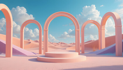 Fototapeta premium Pink arches and platform in desert landscape