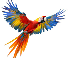 Obraz premium Stunning Colorful Macaw in Flight: A Vibrant Bird of Paradise , isolated on white background PNG