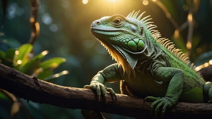 Obraz premium A vibrant green iguana resting on a branch in a lush, sunlit environment.