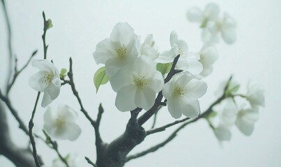 Obraz premium White flowers blooming on branches against a misty sky, ideal for spring themes