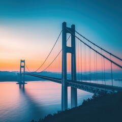 Fototapeta premium Stunning Sunset Over Suspension Bridge with Calm Water Reflections