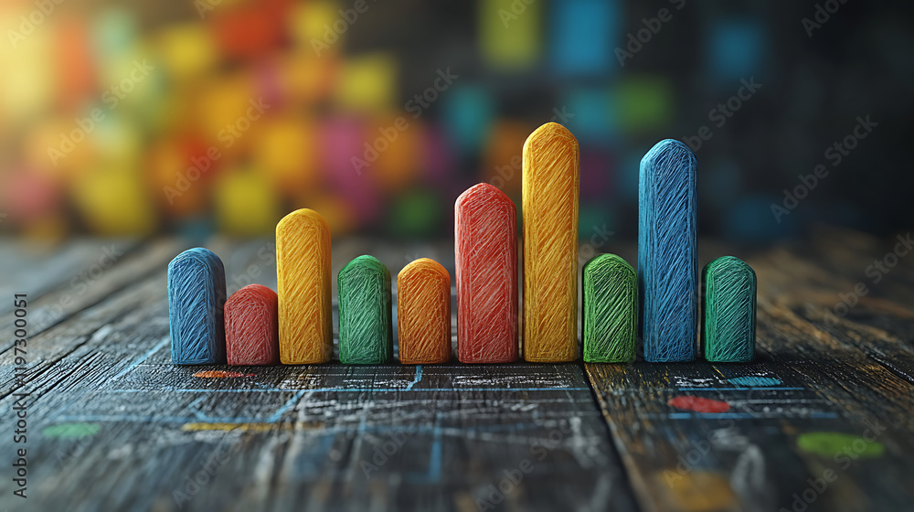 Poster colorful wooden bar graph representing data analysis on a rustic wooden table with blurred backgroun