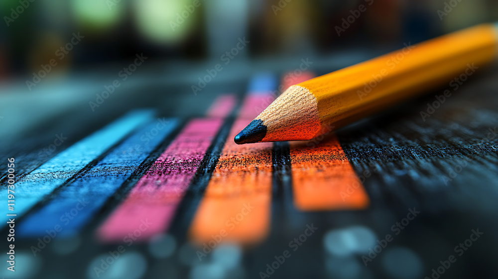 Poster close-up of a sharpened colored pencil resting on a vibrant abstract background of colored lines