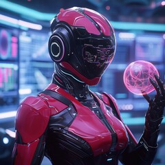 Futuristic Female Cyborg with Holographic Interface and Technology