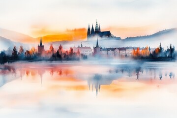 Fototapeta premium A soft watercolor painting of the Vltava River during sunrise, with warm hues blending into the calm water and Prague skyline in the distance