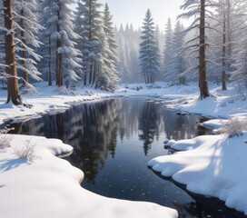 Obraz premium A frozen forest pond with snow-covered trees and a soft blanket of snow surrounding it, winter wonderland, winter landscape, frosty