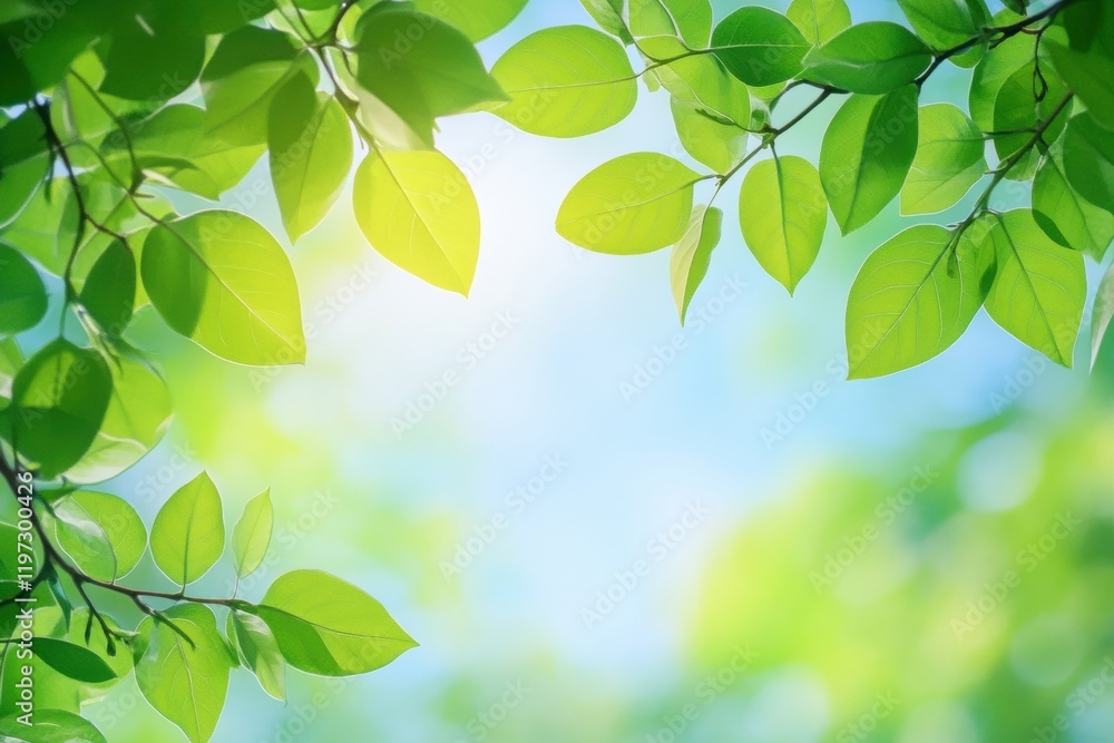 Poster bright green leaves frame a serene sky with space for text or creative designs in a tranquil outdoor