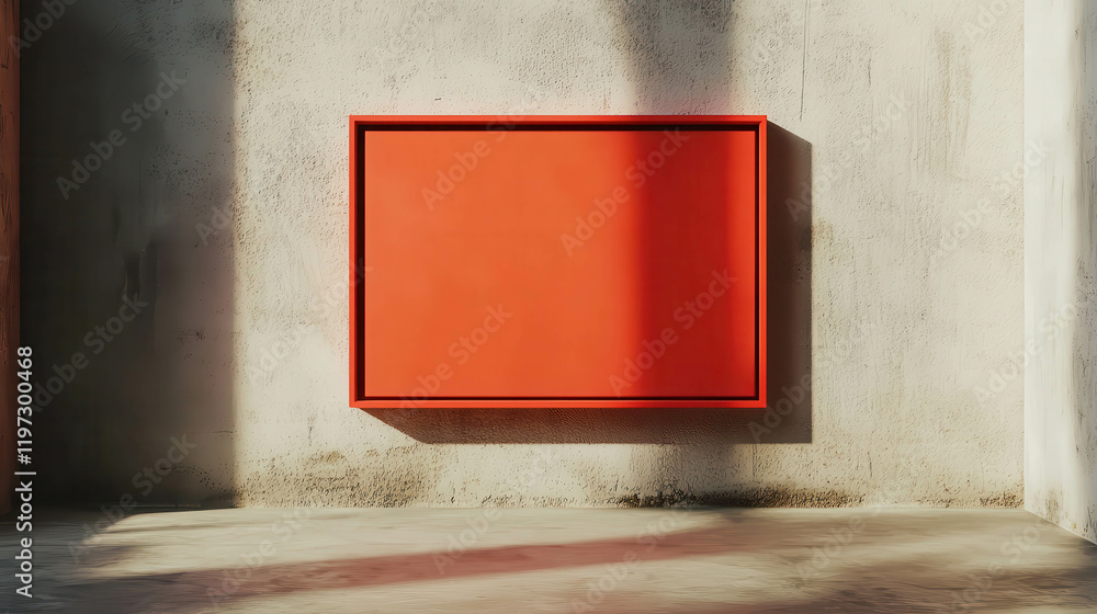 Poster floating rectangular red panel framed on wall with soft shadows in contemporary space