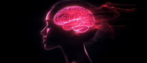 Abstract technologyinspired background, female profile silhouette merging with a glowing futuristic brain, sleek lines and neon accents, photorealistic, cinematic style