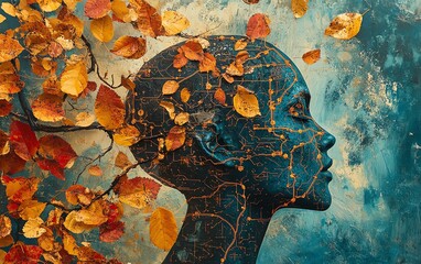 Autumn leaves and neural circuit patterns intertwined with a human profile, vibrant mixed media art, organic and futuristic fusion, stunning textures, surreal ambiance