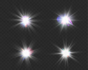 Bright glowing stars with sparkling light effects on a transparent background. Perfect for Christmas, festive, or holiday designs.