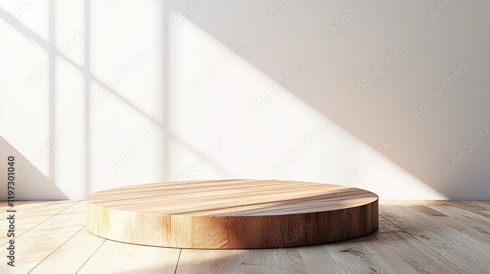Poster 3d rendering of a wooden podium on a white background with a soft shadow and light for displaying a 
