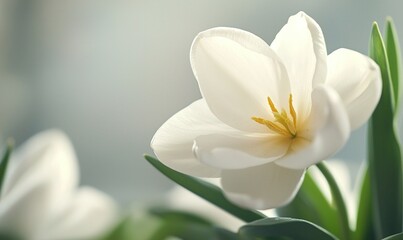 Fototapeta premium White tulip close-up with soft background, ideal for spring themes