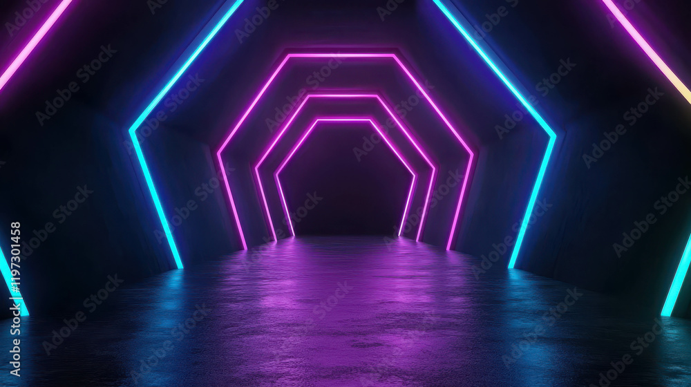 Poster futuristic 3d tunnel with neon lights and concentric design in dark background