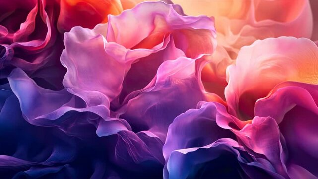 Vibrant abstract floral design with flowing petals in shades of pink, purple, and orange, creating dreamy and ethereal atmosphere filled with energy and movement.