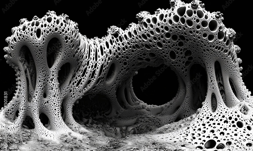 Poster 3d porous grayscale structure resembling a cave on a dark background, suitable for abstract backgrou