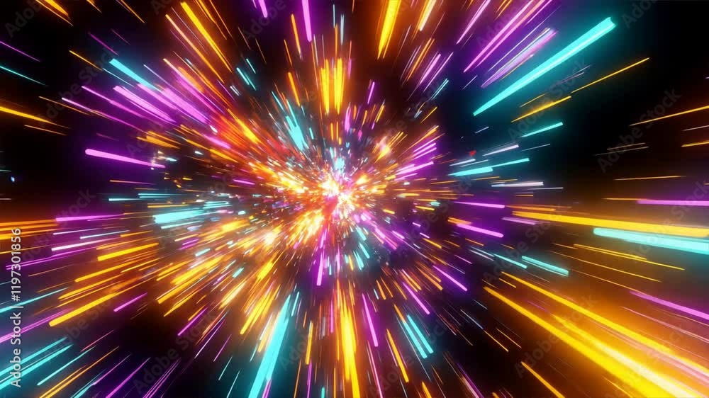 Poster vibrant and dynamic explosion of colorful light streaks in dark background, creating energetic abstr