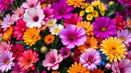 Fototapeta premium A wallpaper showcasing a diverse arrangement of love-shaped flowers in a tight close-up shot with bright vibrant colors creating a lively and energetic feel and detailed focus