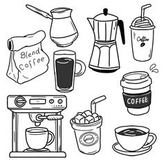 Set of black and white illustrations featuring coffee-related items such as cups, machines, and containers. Perfect for themes related to beverages, cafes, or coffee culture.