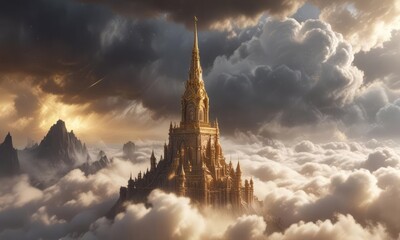 Fototapeta premium A gleaming golden spire pierces through a veil of misty clouds, illuminating the surrounding atmosphere , spire, glowing