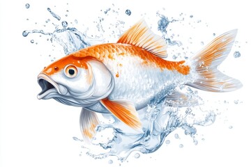 Fototapeta premium A playful depiction of a fish jumping out of water, with stylized splashes and a cartoon-like aesthetic on a plain white background