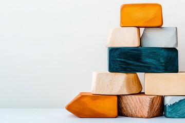 Obraz premium A playful depiction of stacked wooden blocks, rendered in bright earthy tones with subtle shading on a plain white canvas