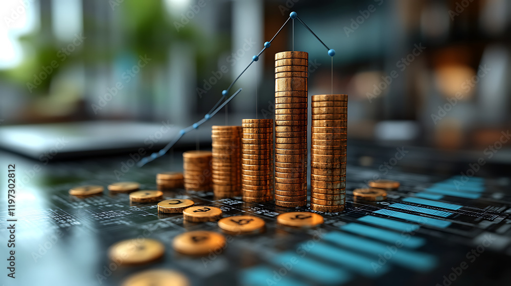 Poster stacked coins representing financial growth with a rising graph and digital interface in the backgro