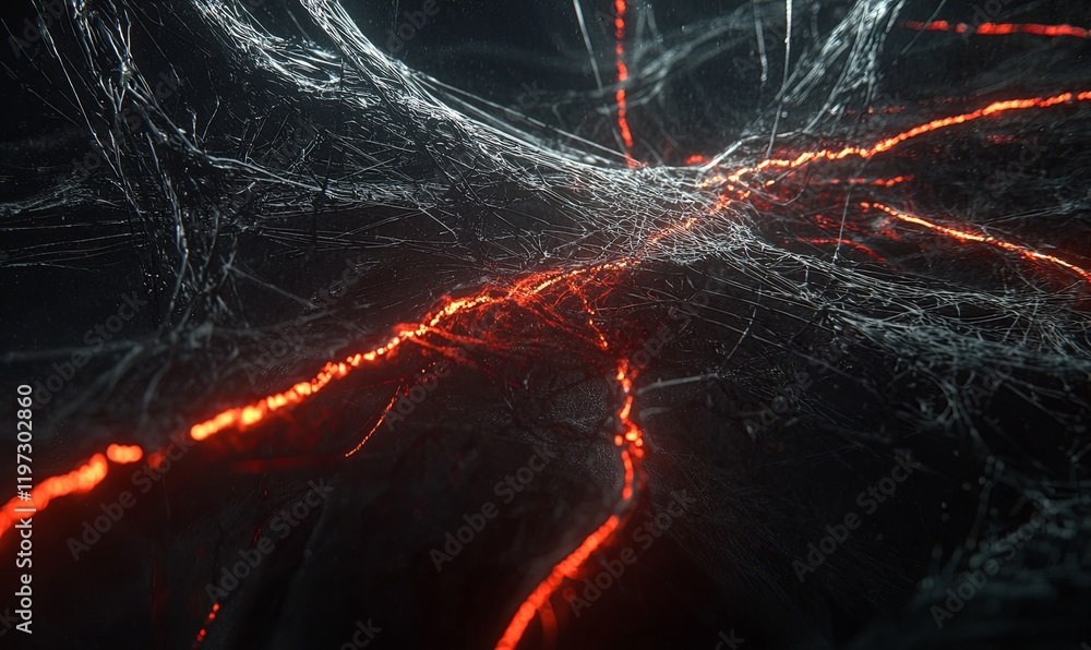 Poster abstract glowing red lines and web on dark background, ideal for technology or sci-fi visuals